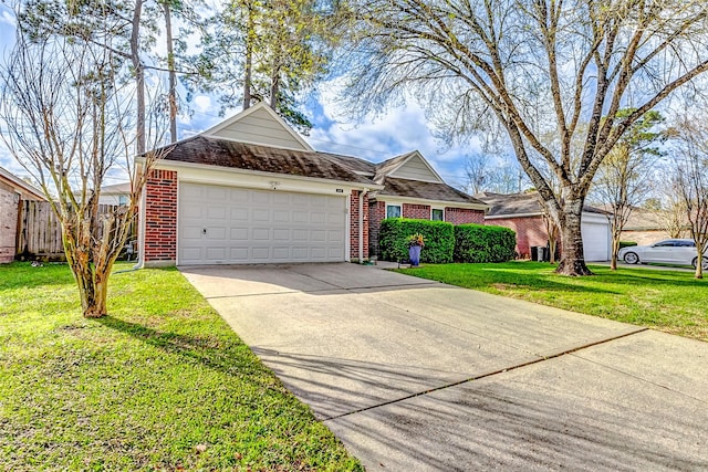 ranch-style house with a front lawn, an attached garage, brick siding, and driveway