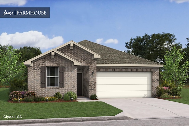 view of front of property featuring a garage, a front yard, brick siding, and driveway