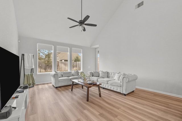 living area featuring baseboards, visible vents, a ceiling fan, light wood-type flooring, and high vaulted ceiling