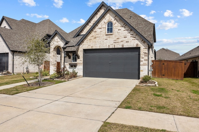 french country style house featuring driveway, brick siding, a front lawn, and stone siding