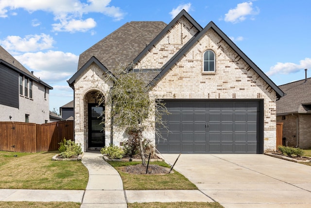 french provincial home featuring concrete driveway, brick siding, a shingled roof, and fence