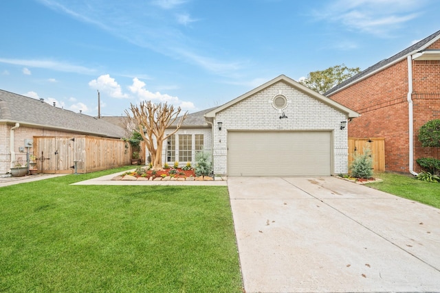 view of front facade featuring an attached garage, a front yard, concrete driveway, and brick siding