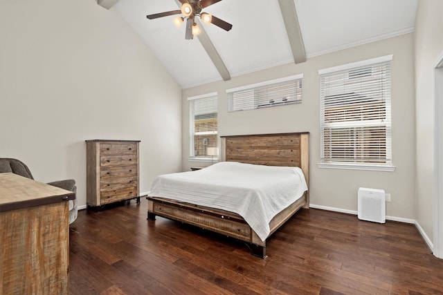 bedroom featuring ceiling fan, beamed ceiling, wood finished floors, and baseboards