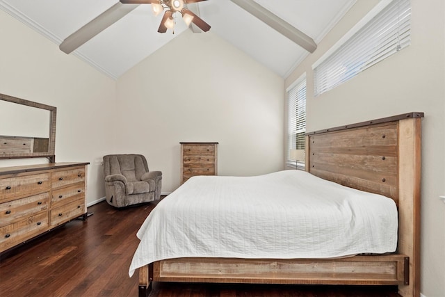 bedroom featuring ceiling fan, beam ceiling, high vaulted ceiling, and wood finished floors