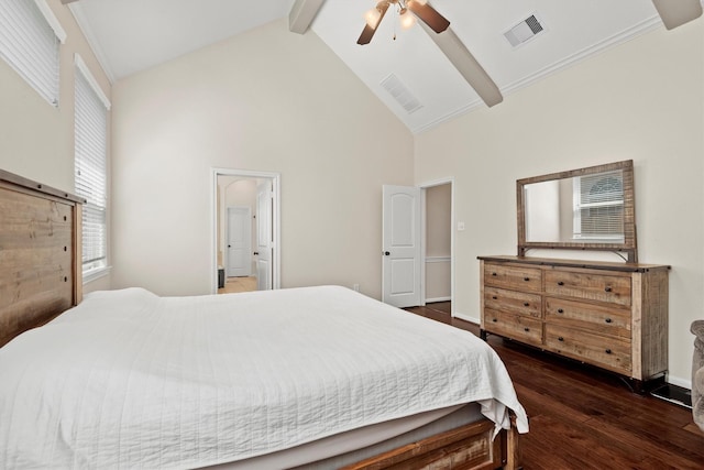 bedroom featuring high vaulted ceiling, wood finished floors, visible vents, baseboards, and beam ceiling