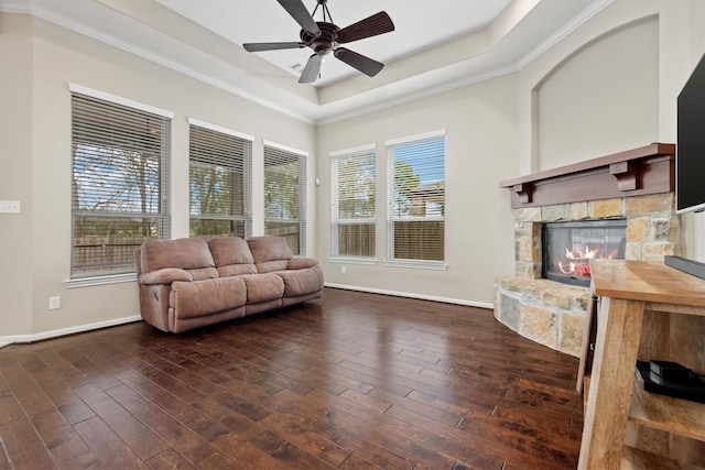 living area with a fireplace, wood finished floors, baseboards, ornamental molding, and a raised ceiling