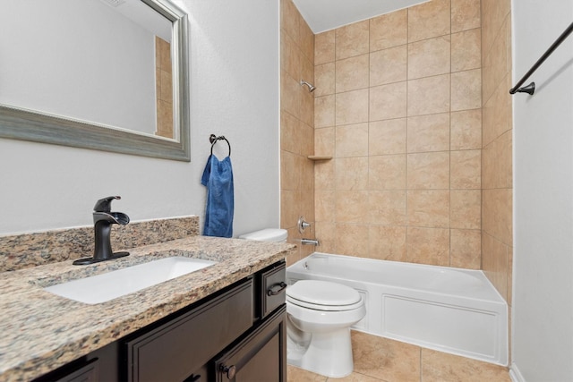 bathroom with vanity, shower / tub combination, toilet, and tile patterned floors