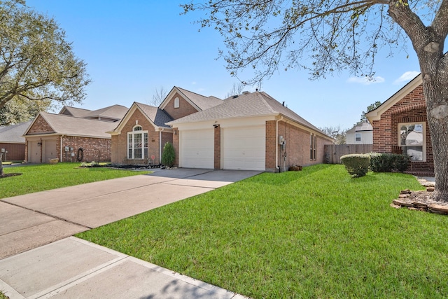 ranch-style home with brick siding, fence, a garage, driveway, and a front lawn