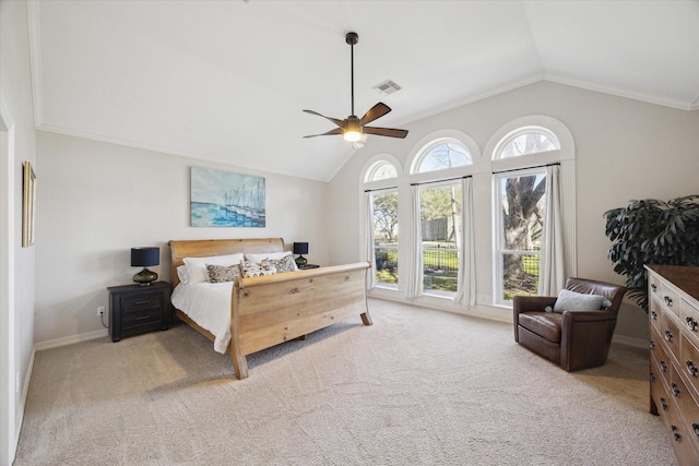 bedroom featuring visible vents, light colored carpet, lofted ceiling, and ceiling fan