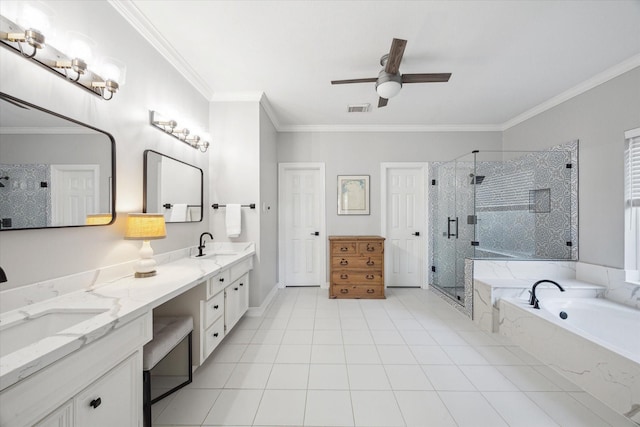 full bathroom with visible vents, a stall shower, ornamental molding, a sink, and a garden tub