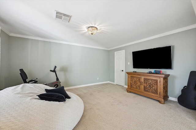 bedroom with crown molding, baseboards, visible vents, and light carpet