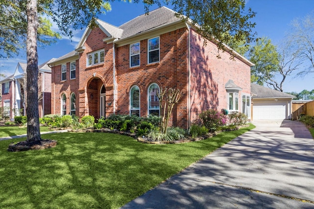 view of front of property featuring brick siding, an attached garage, concrete driveway, and a front lawn