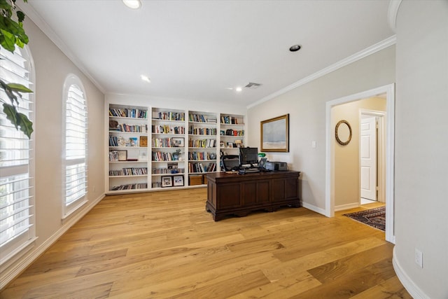 office space featuring wood finished floors, baseboards, visible vents, recessed lighting, and ornamental molding