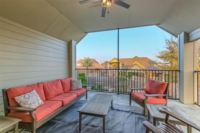 exterior space with a ceiling fan and outdoor lounge area