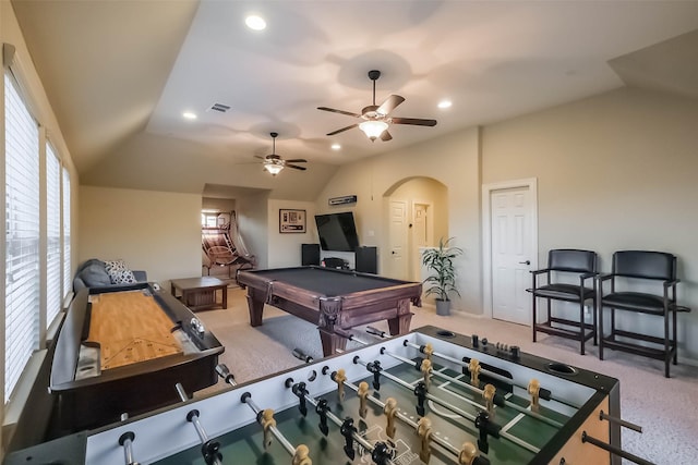 playroom with arched walkways, recessed lighting, pool table, visible vents, and vaulted ceiling