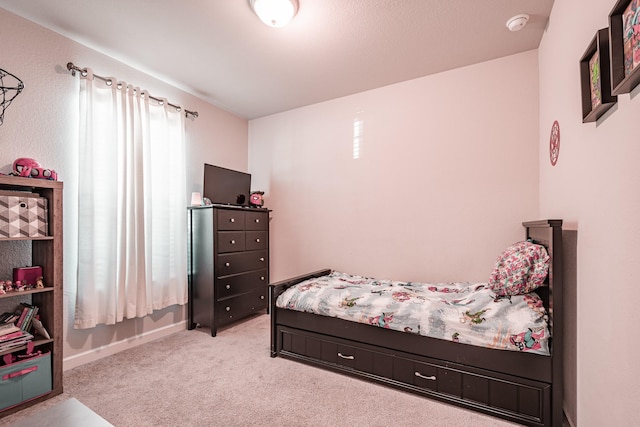 bedroom with light colored carpet