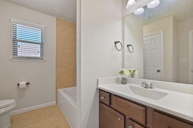 full bathroom featuring baseboards, toilet, vanity, and tile patterned flooring