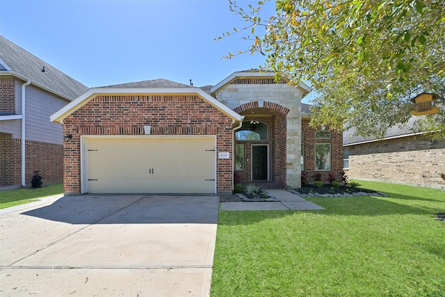 view of front facade featuring a front lawn, brick siding, concrete driveway, and an attached garage