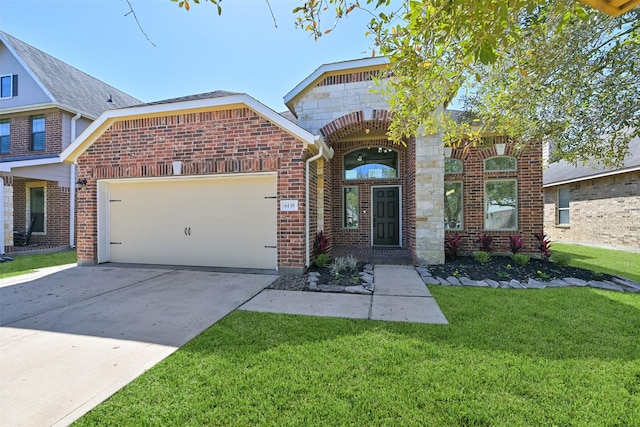 view of front of house featuring a front lawn, an attached garage, brick siding, and driveway