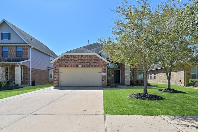 traditional-style home with a front lawn, a garage, brick siding, and driveway