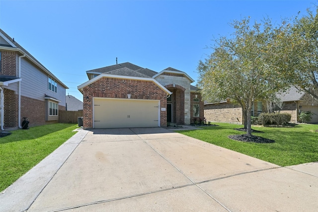 view of front facade featuring central AC, concrete driveway, a front yard, a garage, and brick siding