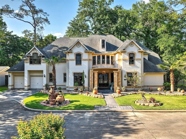 french country home featuring driveway, a balcony, a front lawn, and stucco siding