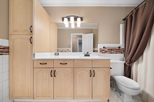 full bath featuring toilet, ornamental molding, tile walls, and vanity