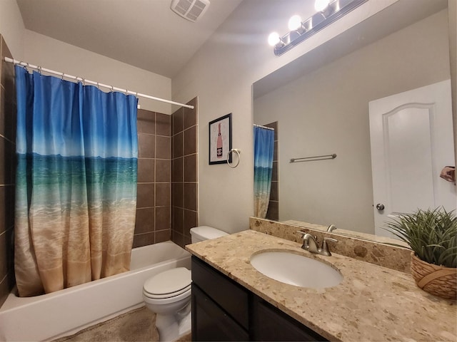 full bathroom featuring toilet, shower / bath combo, visible vents, and vanity