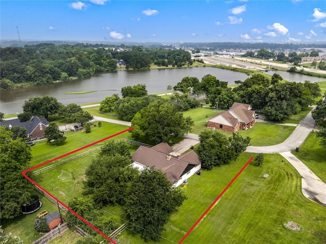 aerial view featuring a water view