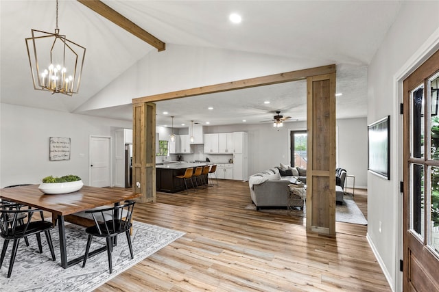 dining area with baseboards, beamed ceiling, light wood-type flooring, and recessed lighting