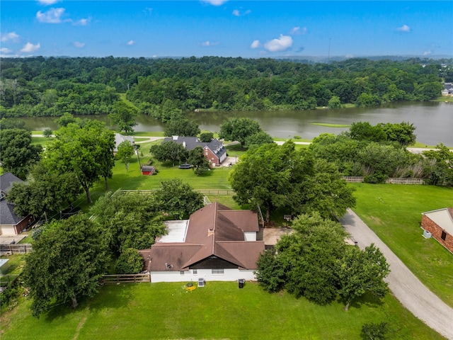 bird's eye view with a water view and a view of trees