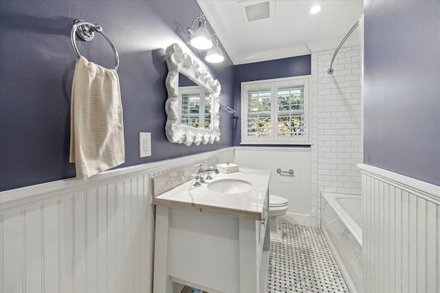 full bath featuring visible vents, wainscoting, toilet, ornamental molding, and vanity