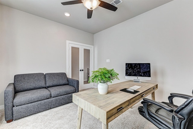 office featuring visible vents, ceiling fan, carpet flooring, recessed lighting, and french doors