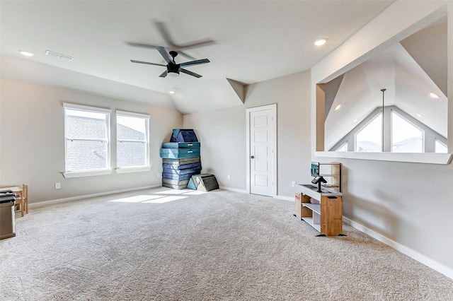 bonus room with lofted ceiling, recessed lighting, carpet floors, baseboards, and ceiling fan