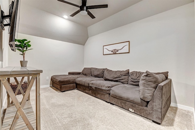 living room with a ceiling fan, baseboards, recessed lighting, vaulted ceiling, and light carpet