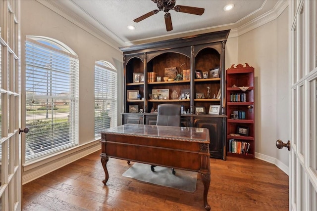 office space featuring wood-type flooring, ornamental molding, and french doors