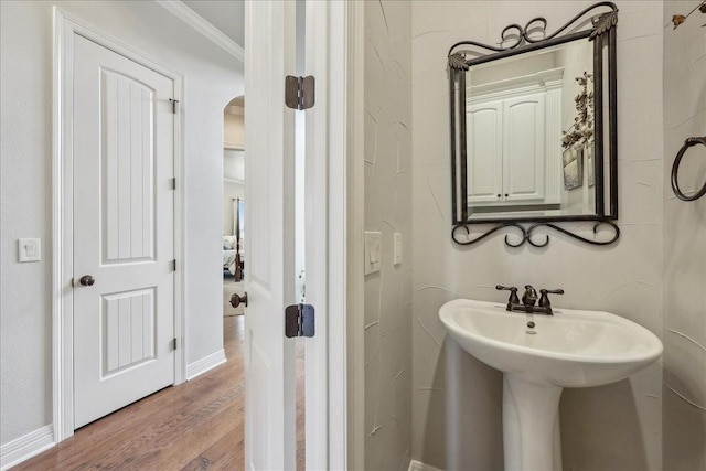 bathroom featuring crown molding, baseboards, and wood finished floors