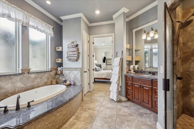 ensuite bathroom with a garden tub, plenty of natural light, a tile shower, and connected bathroom