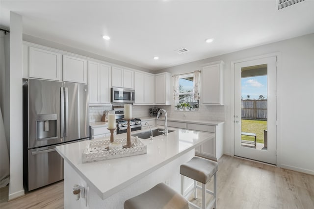 kitchen featuring appliances with stainless steel finishes, visible vents, a sink, and tasteful backsplash