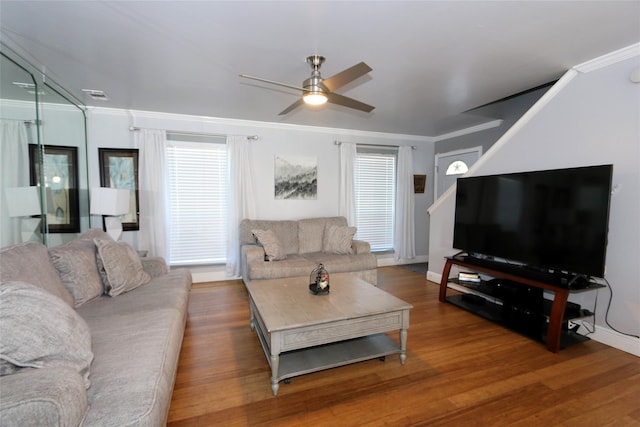 living room with a wealth of natural light, visible vents, ornamental molding, a ceiling fan, and wood finished floors