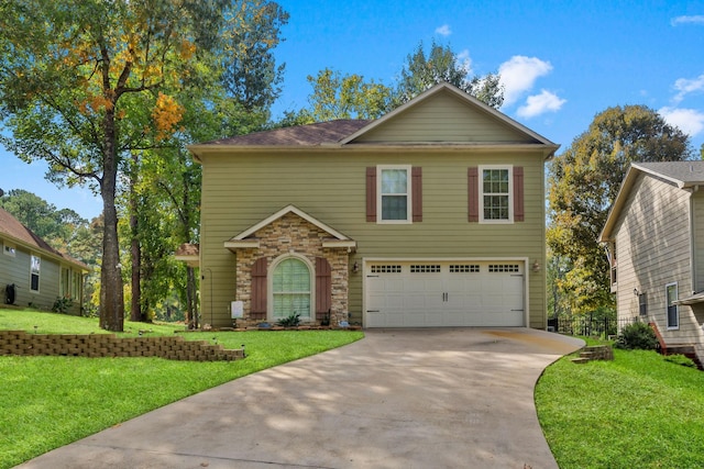 traditional-style home featuring a front yard, stone siding, driveway, and an attached garage