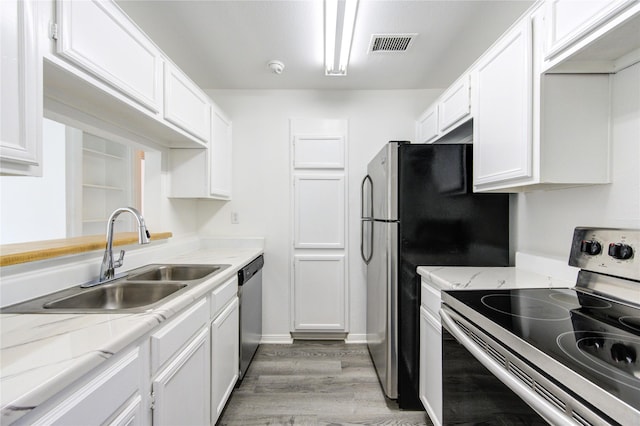 kitchen with white cabinets, visible vents, stainless steel appliances, and a sink