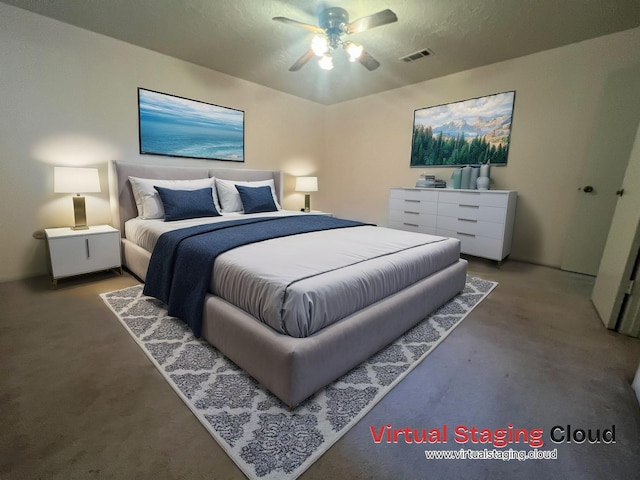 carpeted bedroom with a ceiling fan and visible vents