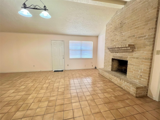 unfurnished living room featuring light tile patterned floors, baseboards, lofted ceiling with beams, a textured ceiling, and a brick fireplace