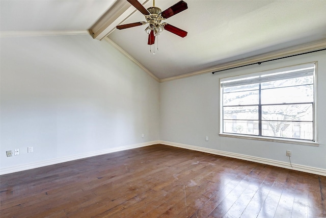 spare room with dark wood-style flooring, crown molding, lofted ceiling with beams, ceiling fan, and baseboards