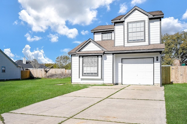 traditional-style house with driveway, a shingled roof, a front yard, and fence