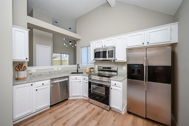 kitchen featuring high vaulted ceiling, a sink, white cabinets, appliances with stainless steel finishes, and light wood finished floors