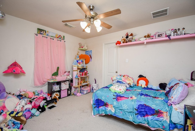 bedroom featuring carpet, visible vents, and a ceiling fan