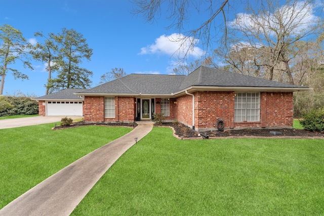 ranch-style house featuring a garage, a shingled roof, a front lawn, and brick siding