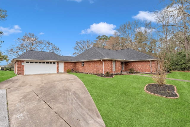 single story home with a garage, brick siding, a shingled roof, driveway, and a front yard